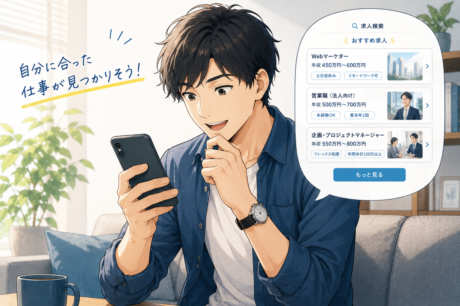 スマホで求人を見る男性